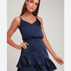 Lulu's Navy Satin Ruffle Mini Dress